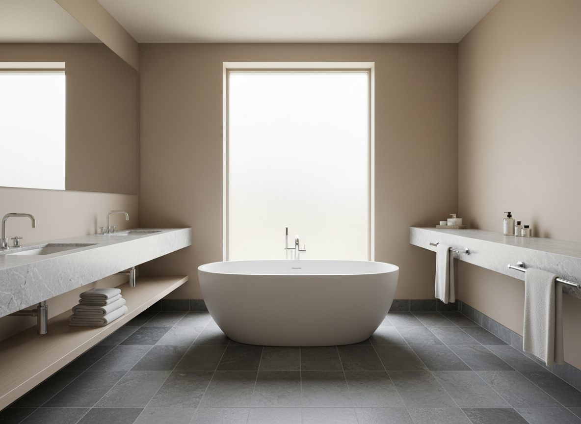 A serene, modern bathroom with spacious proportions, featuring a freestanding matte-white bathtub, polished stone countertops, and chrome fixtures with pristine finishes. The flooring is composed of elegant slate tiles in muted grey tones, while minimalist shelving displays neatly rolled plush towels. Soft, natural afternoon light streams through a frosted window, casting discreet highlights along the bathtub’s curves and evoking tranquility. The scene is composed with a centered, wide-angle perspective, emphasizing openness and luxury. Every detail, from the subtle gradient of wall paint to the gentle glint on metallic surfaces, upholds a sophisticated, photographic realism that speaks to the villa’s dedication to comfort and cleanliness.