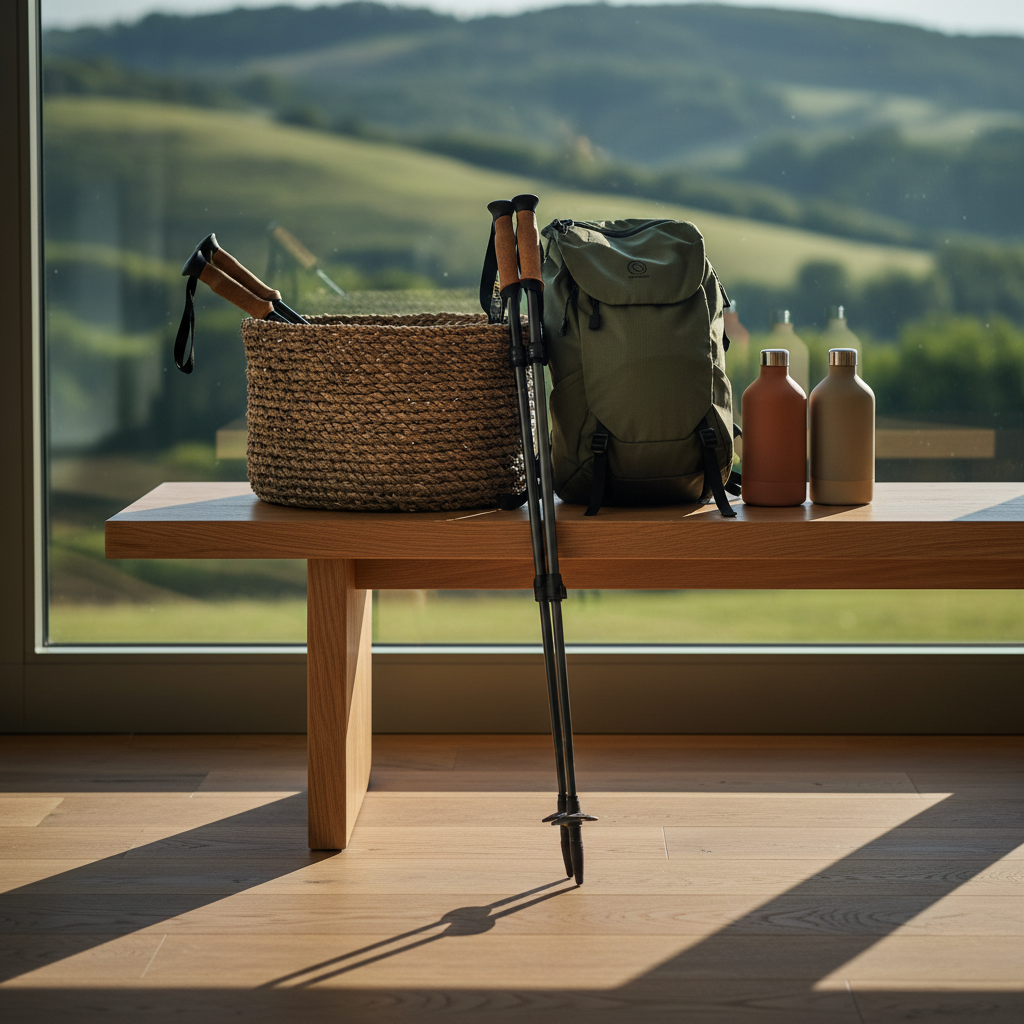 A carefully composed arrangement of hiking gear for guests—sleek, modern trekking poles, a minimalist olive-green daypack, and refined, earth-toned water bottles—displayed on a woven basket atop a smooth oak bench. The setting sits by a tall window overlooking rolling hills, with soft morning light casting elongated shadows and creating nuanced gradients over the natural materials. The composition uses shallow depth of field to place subtle emphasis on the textures of the gear and the elegant simplicity of the decor. Photographically rendered, the scene speaks to the adventurous yet refined spirit of the casa vacanze, highlighting amenities for cultivated travelers seeking both activity and comfort.