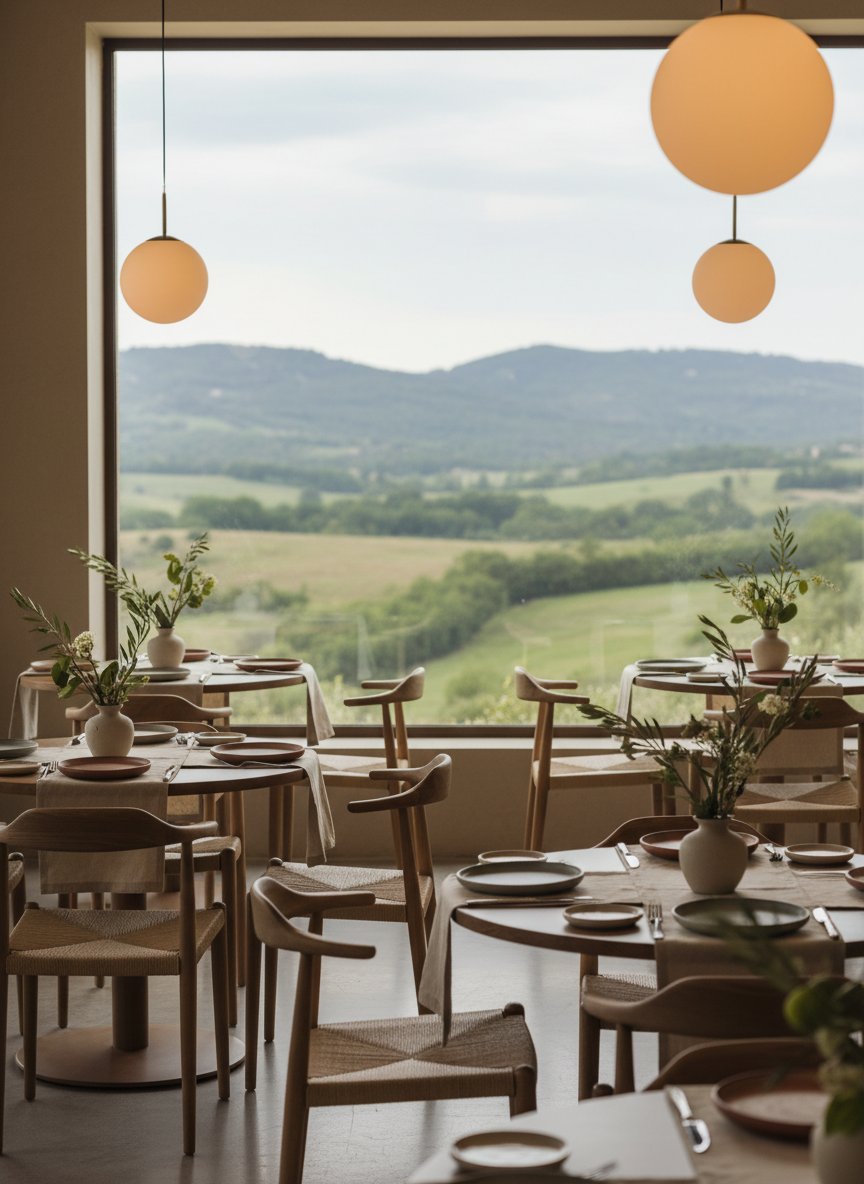 A refined restaurant interior with a handful of elegantly set tables, each decorated with simple, locally-sourced floral centerpieces and ceramic plates in soft earth tones. Matte wooden chairs and linen napkins in understated beige contribute to the minimalist ambiance. In the background, a large window frames a scenic hillside view, while diffused, warm pendant lighting overhead casts inviting pools of light, enhancing the room’s muted color palette and textures. The mood is intimate, subtly luxurious, and welcoming, captured from a slightly oblique angle that draws attention to the harmonious blend of natural beauty and sophisticated dining. The overall look is refined, muted, and aligned with a sophisticated casa vacanze identity.