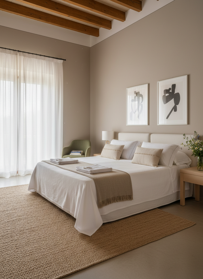 A spacious, meticulously maintained guest room featuring a large, cloud-soft bed with crisp white linens, elegant taupe throw blankets, and understated decorative cushions. The room’s walls are painted in subtle, muted shades, with minimalist artwork and a vase of fresh local flowers on a sleek wooden side table. Gentle morning light filters through sheer curtains, casting soft, diffuse illumination that enhances the sense of calm and quiet. Shot at eye-level for a welcoming, immersive feel, the composition is balanced and uncluttered, focusing on the serene atmosphere and refined details. The overall style is clean, sophisticated, and perfectly aligned with a high-end yet homely casa vacanze.