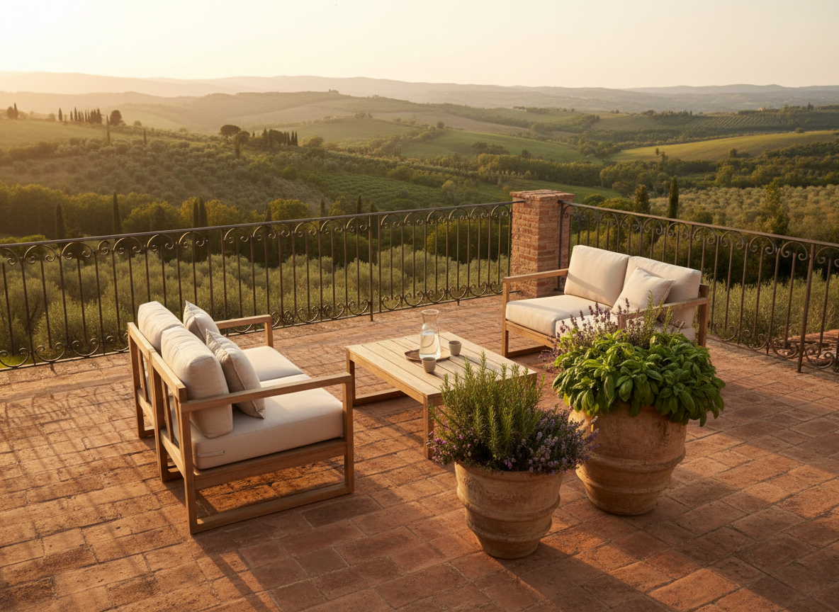 An inviting, sunlit terrace overlooking rolling green hills, with refined wrought iron railings and elegant terra-cotta tiles underfoot. On the terrace, minimalist outdoor lounge furniture in soft neutral tones is arranged thoughtfully beside large terracotta planters filled with fragrant Mediterranean herbs. Soft golden hour sunlight bathes the entire scene, creating subtle gradients and gentle shadows along the tiles and furniture. The atmosphere exudes relaxed sophistication and tranquility, with a composition shot from an elevated angle, leading the eye from the terrace to the scenic hills beyond. The photographic realism, muted palette, and understated elegance emphasize the serene escape offered by this exquisite casa vacanze.