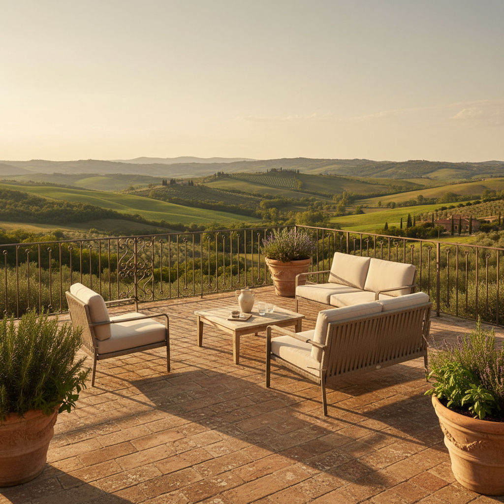 An inviting, sunlit terrace overlooking rolling green hills, with refined wrought iron railings and elegant terra-cotta tiles underfoot. On the terrace, minimalist outdoor lounge furniture in soft neutral tones is arranged thoughtfully beside large terracotta planters filled with fragrant Mediterranean herbs. Soft golden hour sunlight bathes the entire scene, creating subtle gradients and gentle shadows along the tiles and furniture. The atmosphere exudes relaxed sophistication and tranquility, with a composition shot from an elevated angle, leading the eye from the terrace to the scenic hills beyond. The photographic realism, muted palette, and understated elegance emphasize the serene escape offered by this exquisite casa vacanze.