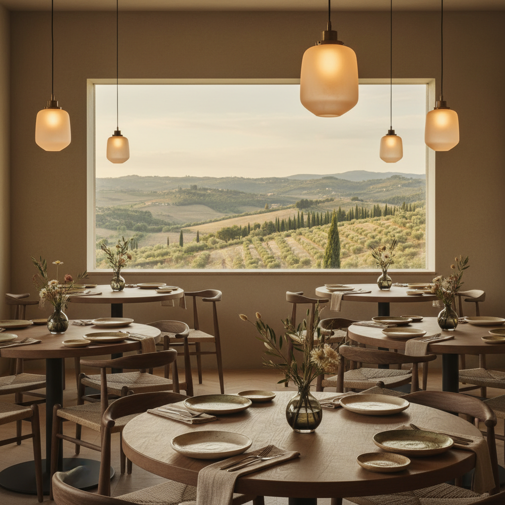 A refined restaurant interior with a handful of elegantly set tables, each decorated with simple, locally-sourced floral centerpieces and ceramic plates in soft earth tones. Matte wooden chairs and linen napkins in understated beige contribute to the minimalist ambiance. In the background, a large window frames a scenic hillside view, while diffused, warm pendant lighting overhead casts inviting pools of light, enhancing the room’s muted color palette and textures. The mood is intimate, subtly luxurious, and welcoming, captured from a slightly oblique angle that draws attention to the harmonious blend of natural beauty and sophisticated dining. The overall look is refined, muted, and aligned with a sophisticated casa vacanze identity.